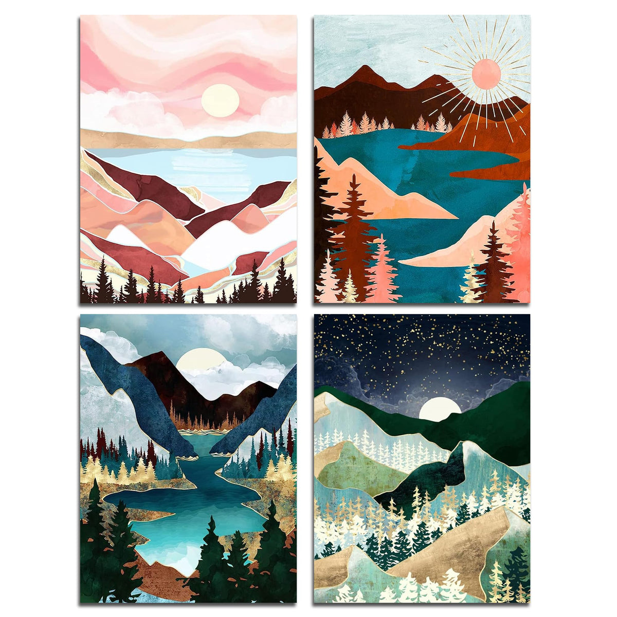Muzagroo Art Diamond Painting Kits for Adults, DIY 5D Diamond Art Kits for Beginners, Abstract Landscape Arts and Crafts for Living Room, 4 PCS Kids Room Wall Art