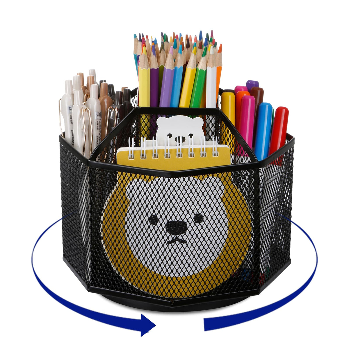 Comix 360° Rotating Pen Holder for Desk, 5 Compartments Office Desk Organizer, Black Mesh Metal Pencil Holder Cup for Office Home School