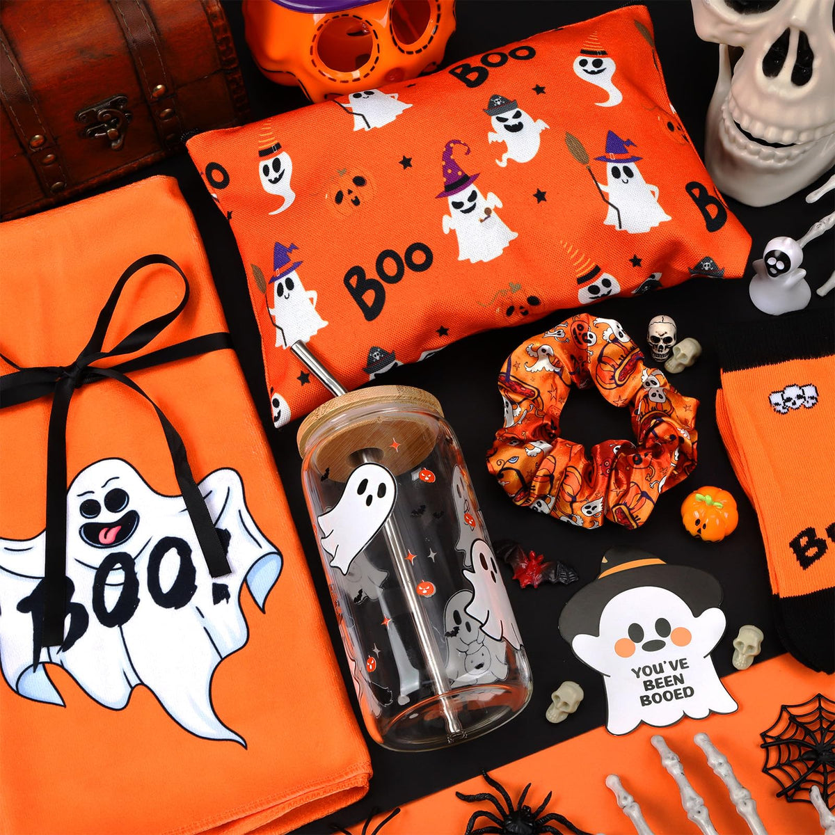 Zenoble Boo Basket Stuffers for Women, 6 Pcs Halloween Gifts Set Cute Boo Basket with Halloween Cup Socks Towel Bag for Teens Girls Mom Friend Sister Wife