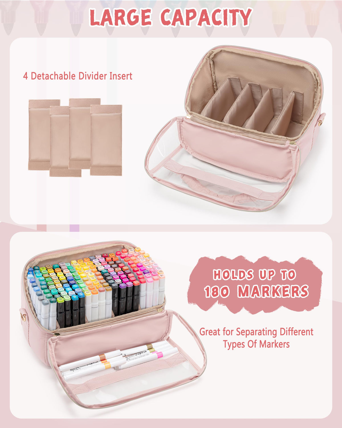 Marscamd Quilted Marker Organizer Case Holds 180 Markers, Marker Storage Organizer Bag with Dividers and Detachable Crossbody Strap (Bag Only), Pink