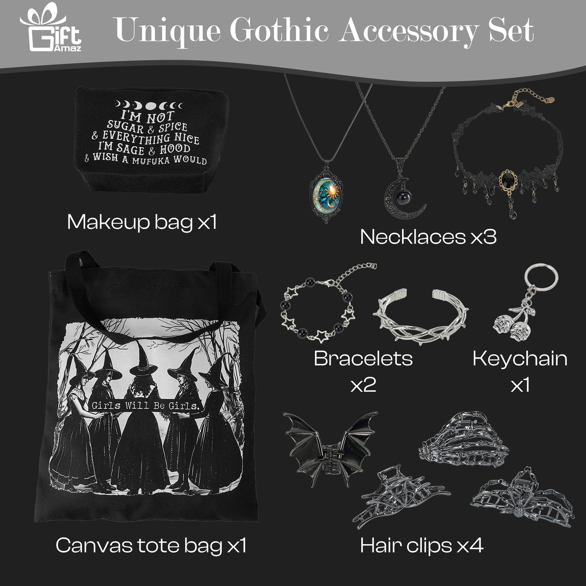 Giftamaz Gothic Gifts for Women - 12 PCS Witchy Gifts Goth Accessories with Hair Clips, Witch Canvas Tote Makeup Bag, Spooky Gifts Basket Witchy Skull Gift Box for Girls Teens Friend Gothic Lovers