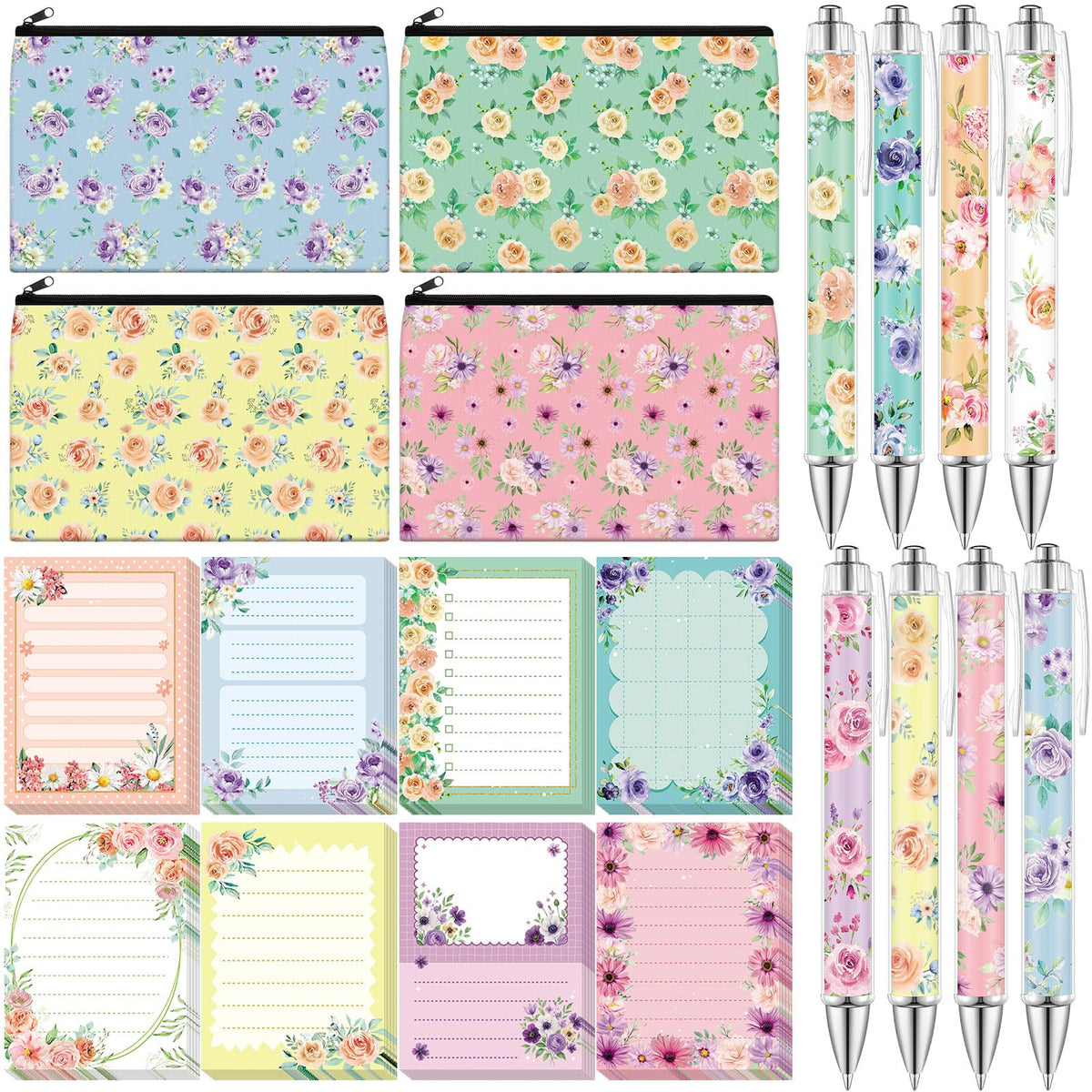 Eaasty 20 Pieces Flower Gift for Women Sticky Notes with Floral Pens, Pencil Bags Makeup Bags, 3 x 4 Inches Cute Note Pads, Funny 1.0 mm Ballpoint Pens, Office Supplies for Women
