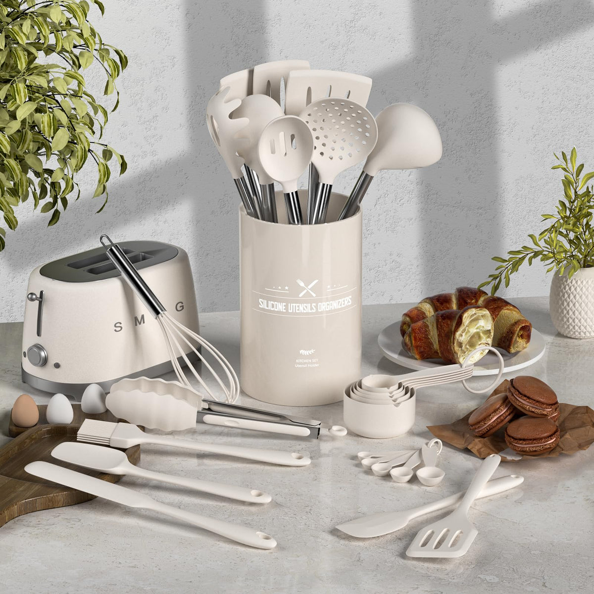 Umite Chef Silicone Kitchen Cooking Utensil Set, 43 pcs Spatula Set with Stainless Steel Handle, Non-stick Heat Resistant - Best Cookware Set-(Khaki)