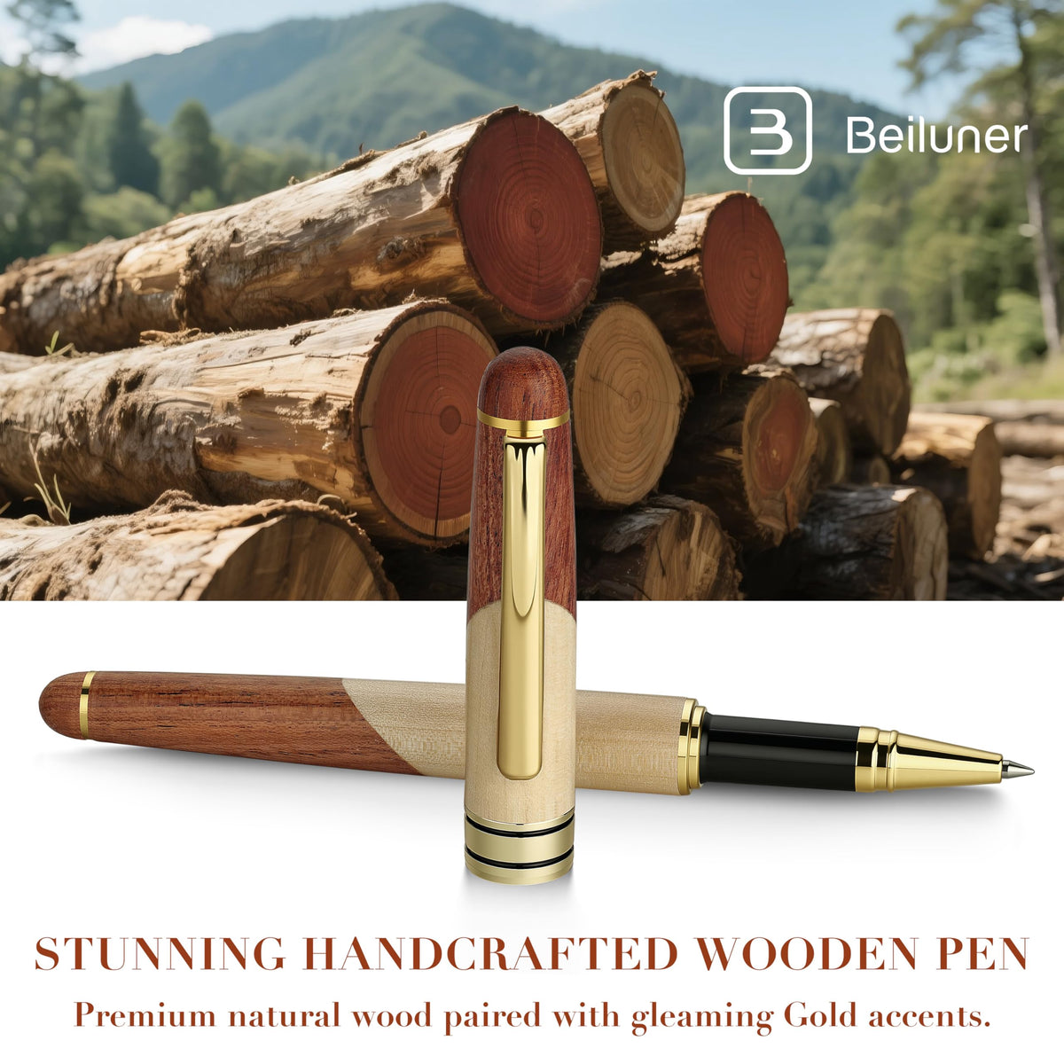 BEILUNER Luxury Wood Ballpoint Pen Writing Set,Maple-Elegant Fancy Nice Gift Pen Set for Signature Calligraphy Office Fancy Nice Supplies - Christmas Gift Boxed with Extra Refills (Black)