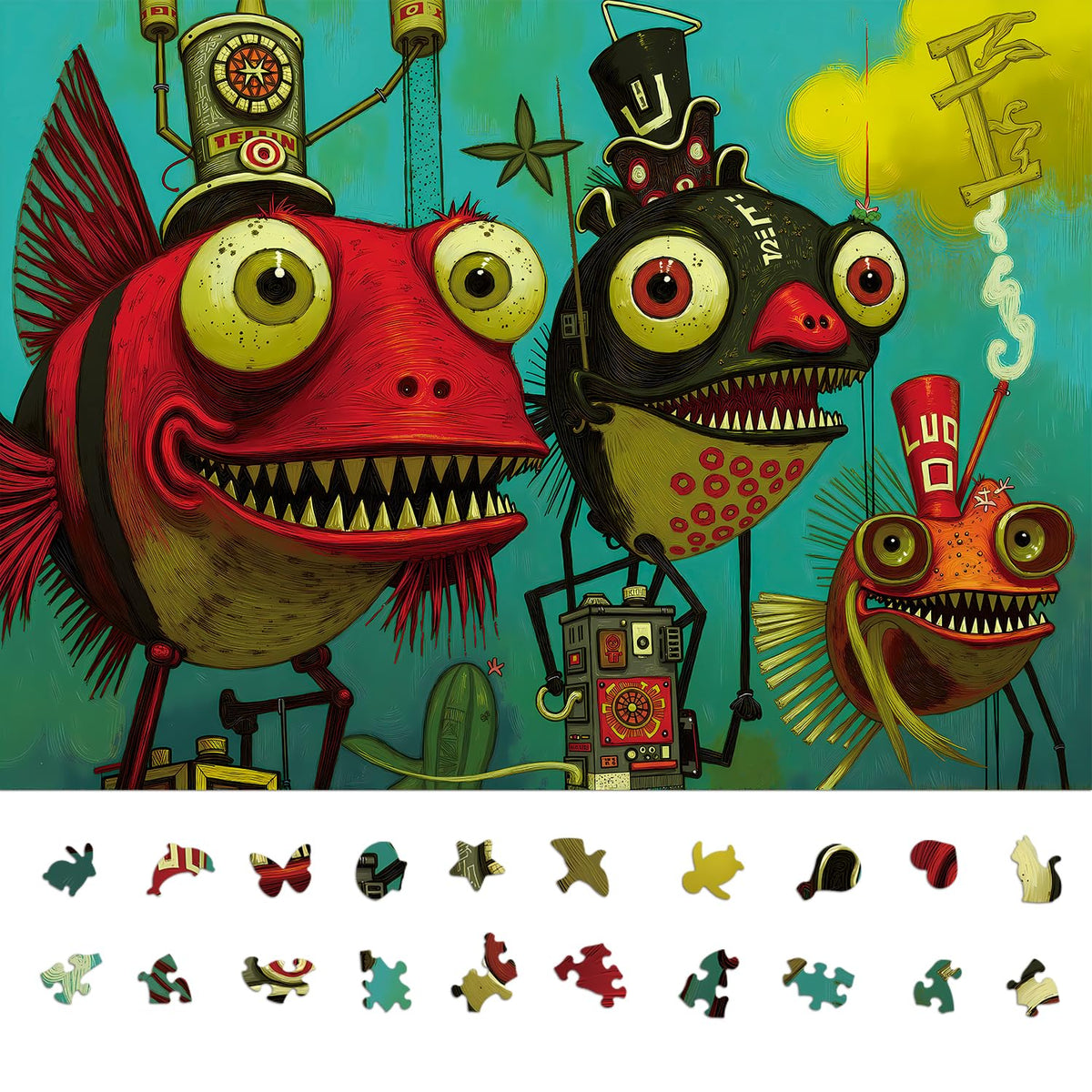 Naturelish 1000 Piece Puzzle for Adults, Quirky Piranha-Inspired Artwork with Unique-Shaped Pieces, Matte Texture, Color-Coded Backing, Challenging Gift for Puzzle Lovers 26.6 x 19.2 in