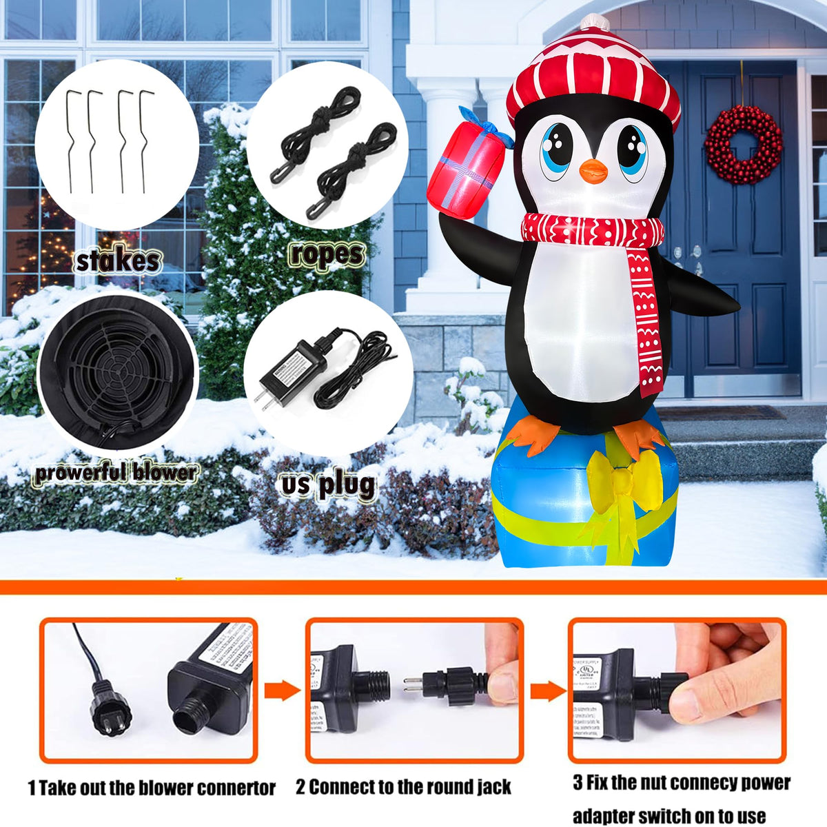 JOYEASE 5.5 FT Christmas Inflatables Penguin with Gift Boxes Decoration, LED Lighted Christmas Blow up Yard Decorations for Party Indoor Outdoor Garden Lawn Decor Xmas Inflatables Present