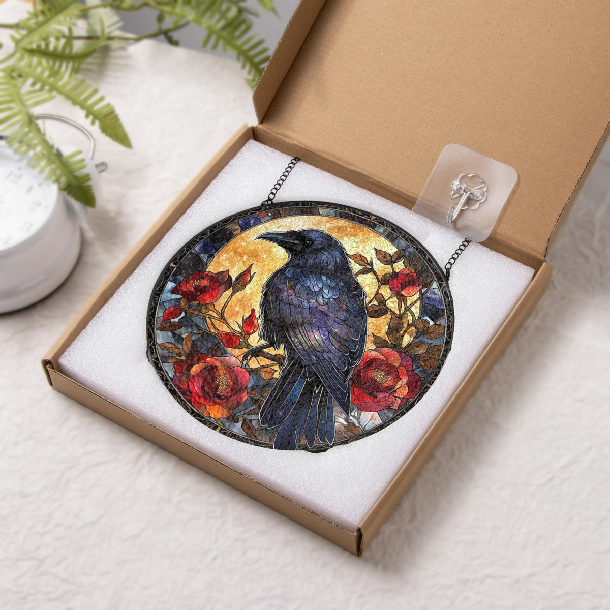 Gothic Black Raven Moon Roses Stained Glass Window Hanging Sun Catchers Dark Crow Glass Panel Hangings Crow Gift for Mom Grandma Halloween Lover Gift for Mom Holiday Ornament Housewarming 7.9inch