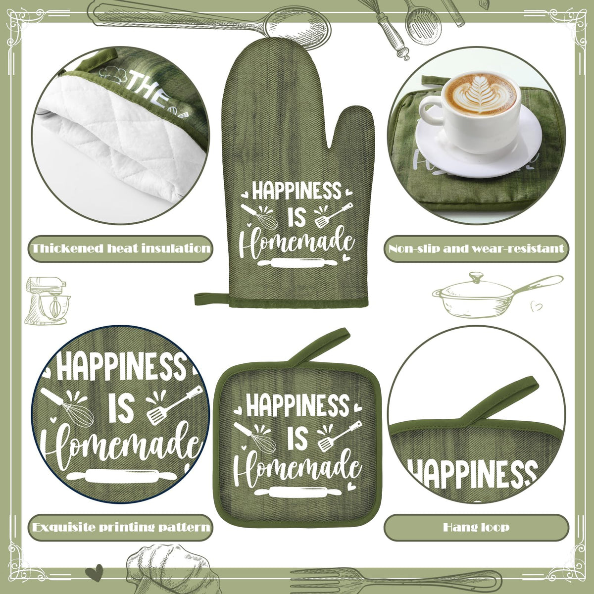 Fourluoo 10 Pcs Farmhouse Kitchen Decor and Accessories Set 4 Kitchen Towels 2 Pot Holders 2 Oven Mitts 2 Rugs for Cooking Baking Mom Housewarming Gifts(Sage Green,Classic Style)