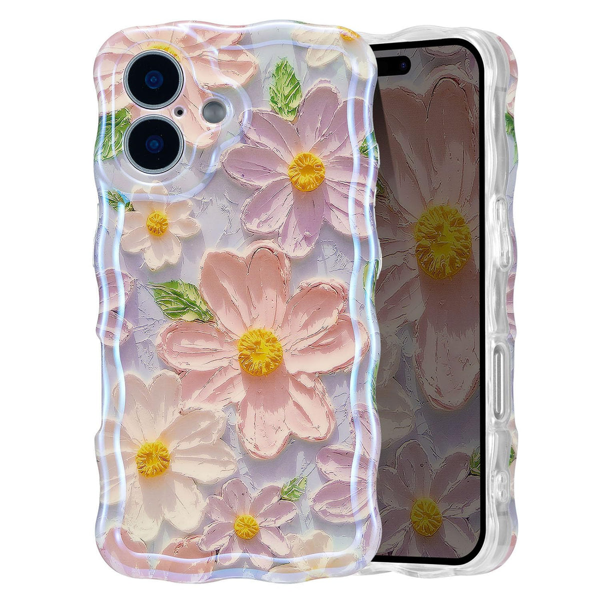 UEEBAI Flower Case for iPhone 17 Case, Colorful Retro Oil Painting Girly Phone Cover Pretty Glossy Pattern Wave Cover Cute Sparkly Floral Curly Shell for Women and Girl, Pink Purple