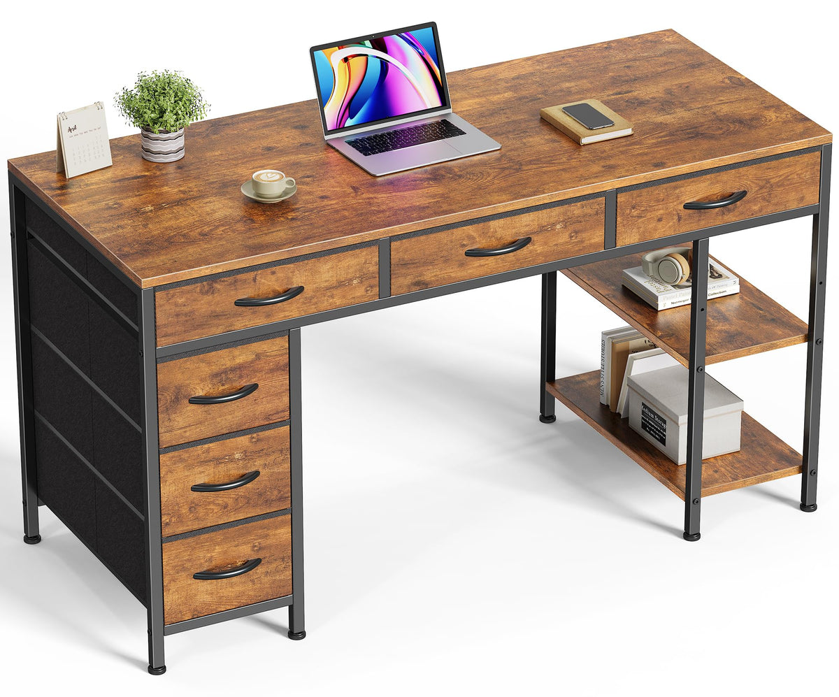 Huuger Computer Desk with 6 Drawers, Office Desk with Shelves, Reversible Gaming Desk, Corner Desk with Storage, Work for Home Office, Study, Living Room, 47inch, Rustic Brown