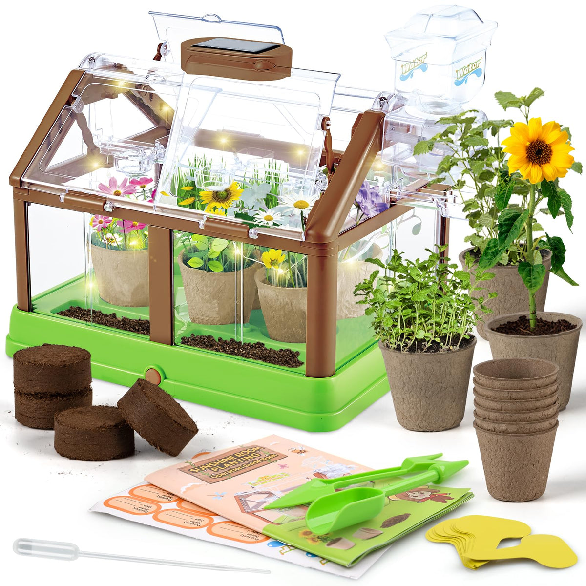 DUYOYU Kids Plant Growing Kit - Kids Greenhouse & Flower Growing Kit with Upgraded Irrigation & Grow Light – Perfect Gardening for Kids（Solar Green）