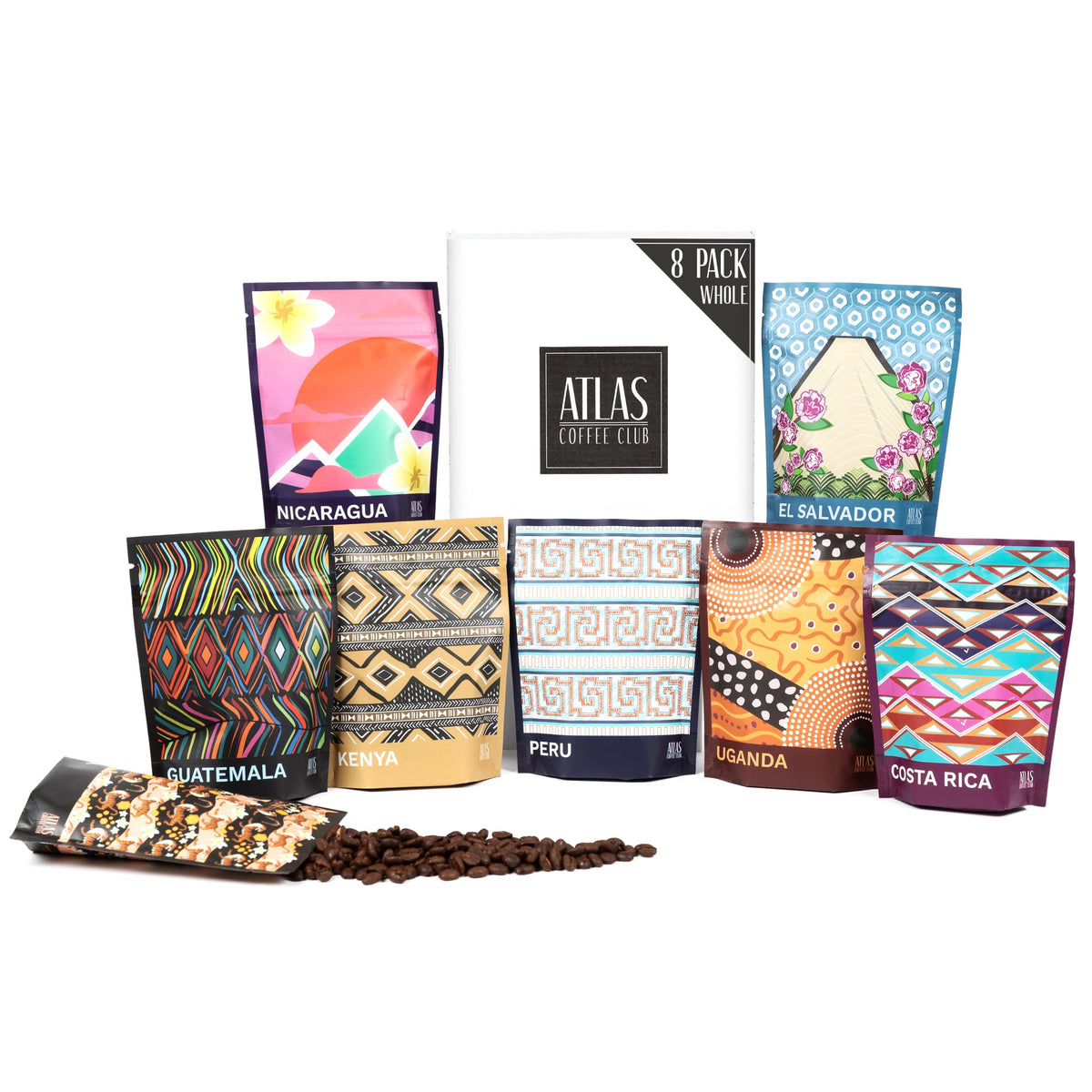 Atlas Coffee Club World of Coffee Discovery Set - Gourmet Coffee Gift Sampler - 8-Pack Variety Box of the World’s Best Single Origin Coffees - Whole Bean