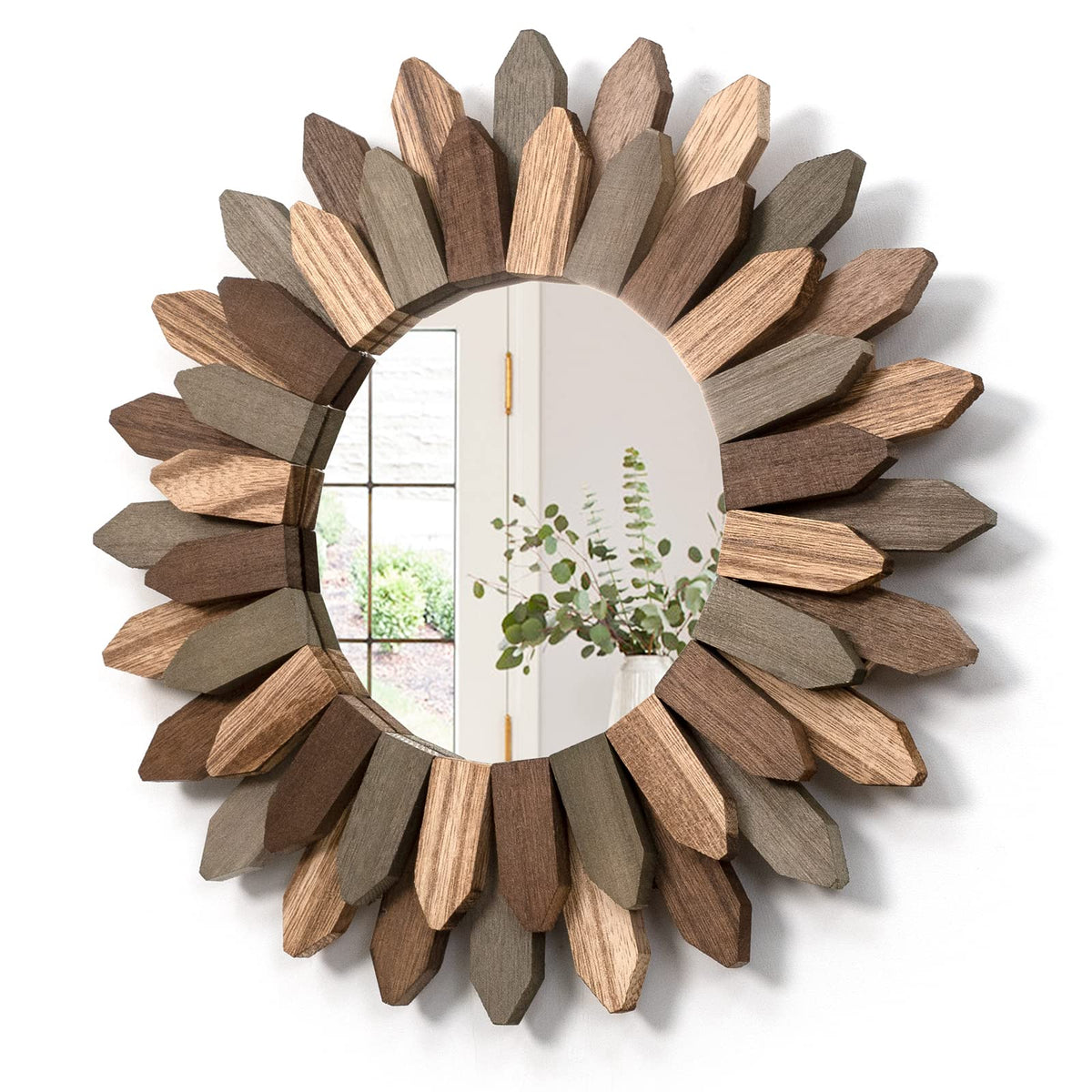 Honiway Boho Wall Decor 12 inch Decorative Mirror with Rustic Wood Sunburst Frame, Perfect for Bedroom, Living Room, Bathroom, Kitchen