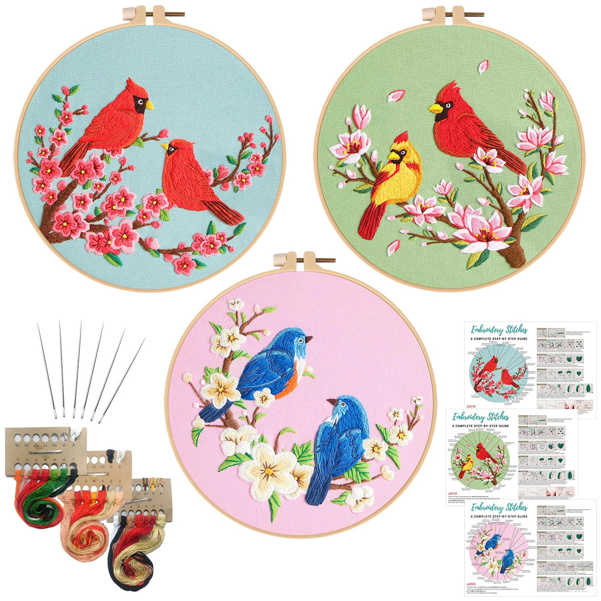 Nuberlic 3 Pack Embroidery Kit for Beginner Adults, Cross Stitch Set with Cardinal & Blue Bird Patterns, Includes Cloth, Hoops, Threads, Needles, Instructions