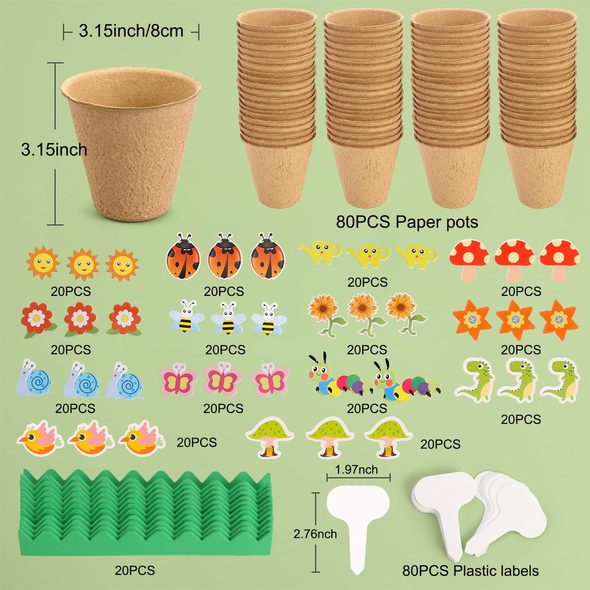 Ayfjovs 80 Pack Garden Paper Pot Craft Kit, Kids Flower Plant Growing Kit with 300 PCS Adhesive Foam Stickers and 80 PCS Plant Pots Labels for Classroom DIY Planting, Kids Summer Craft, Father's Day