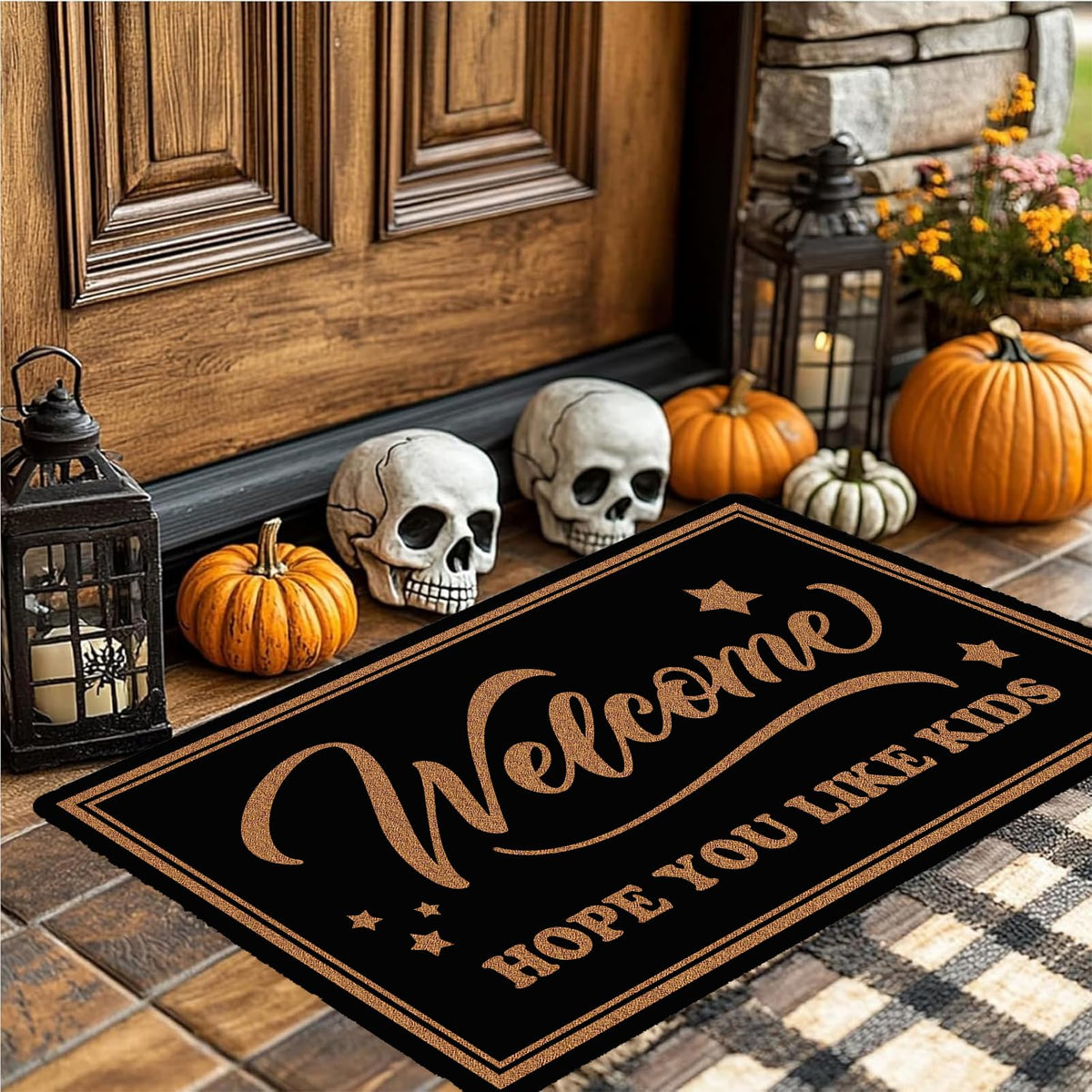 HEYAOBAIHUO Hope You Like Kids Doormat 30x17 Inch Cute Welcome Mat Outdoor Funny Front Door Mat Indoor Entrance with Non-Slip PVC Backing Waterproof Black Halloween Home Decor