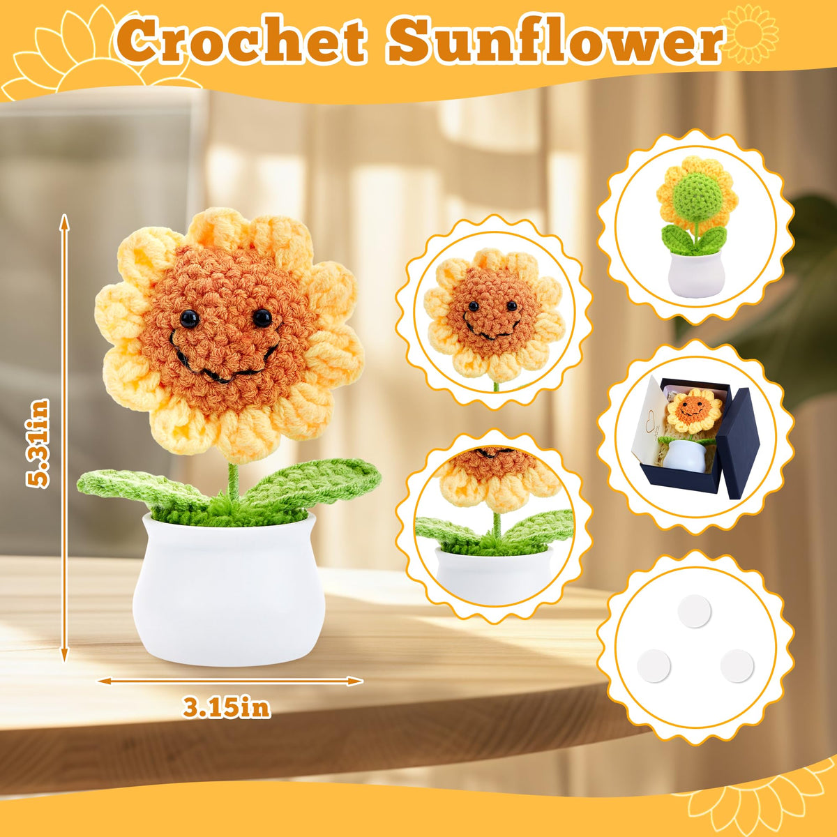 LAIDANLA Golden Yellow Crochet Sunflower Funny Positive Thank You Small Gifts for Women Teacher Coworkers Friends Cute Encouragement Appreciation Crochet Flowers Pot for Office Desk Decor