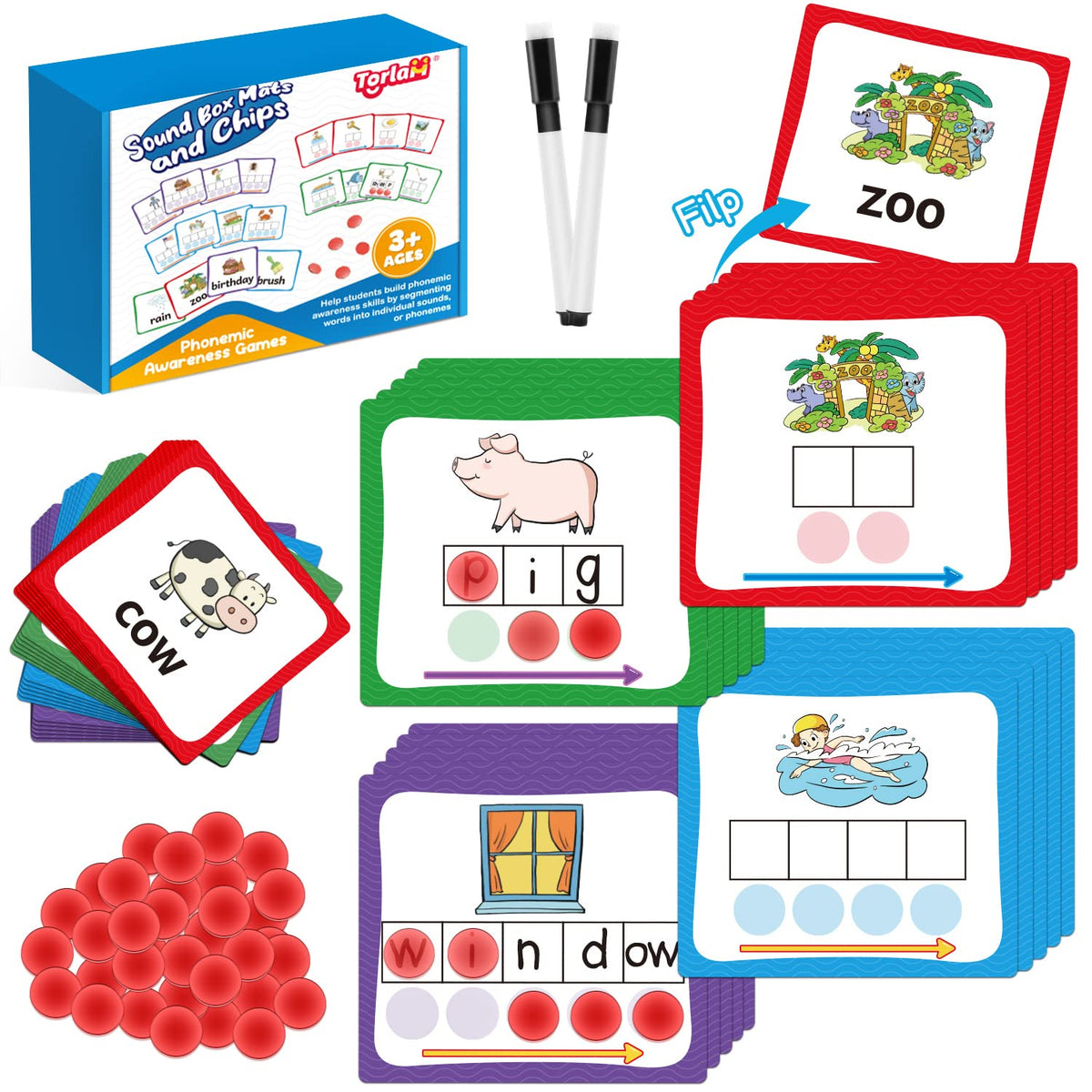 Torlam Elkonin Boxes Phonemic Awareness Phonics Games, Reading Spelling Sound Manipulatives Sight Word Flash Cards, Speech Therapy Toy Kindergarten Elementary Classroom Must Haves Homeschool Supplies