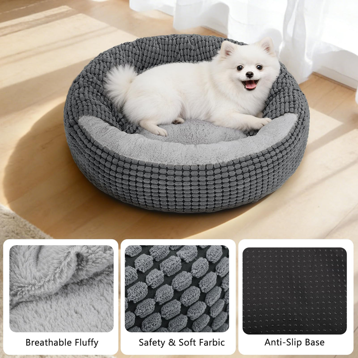 SIWA MARY Small Dog Bed with Attached Blanket, Cozy Donut Cuddler Anti-Anxiety Hooded Pet Beds Calming Cave Bed. Orthopedic Round Puppy Beds for Dogs or Cats Washable, Anti-Slip Bottom, 23inch