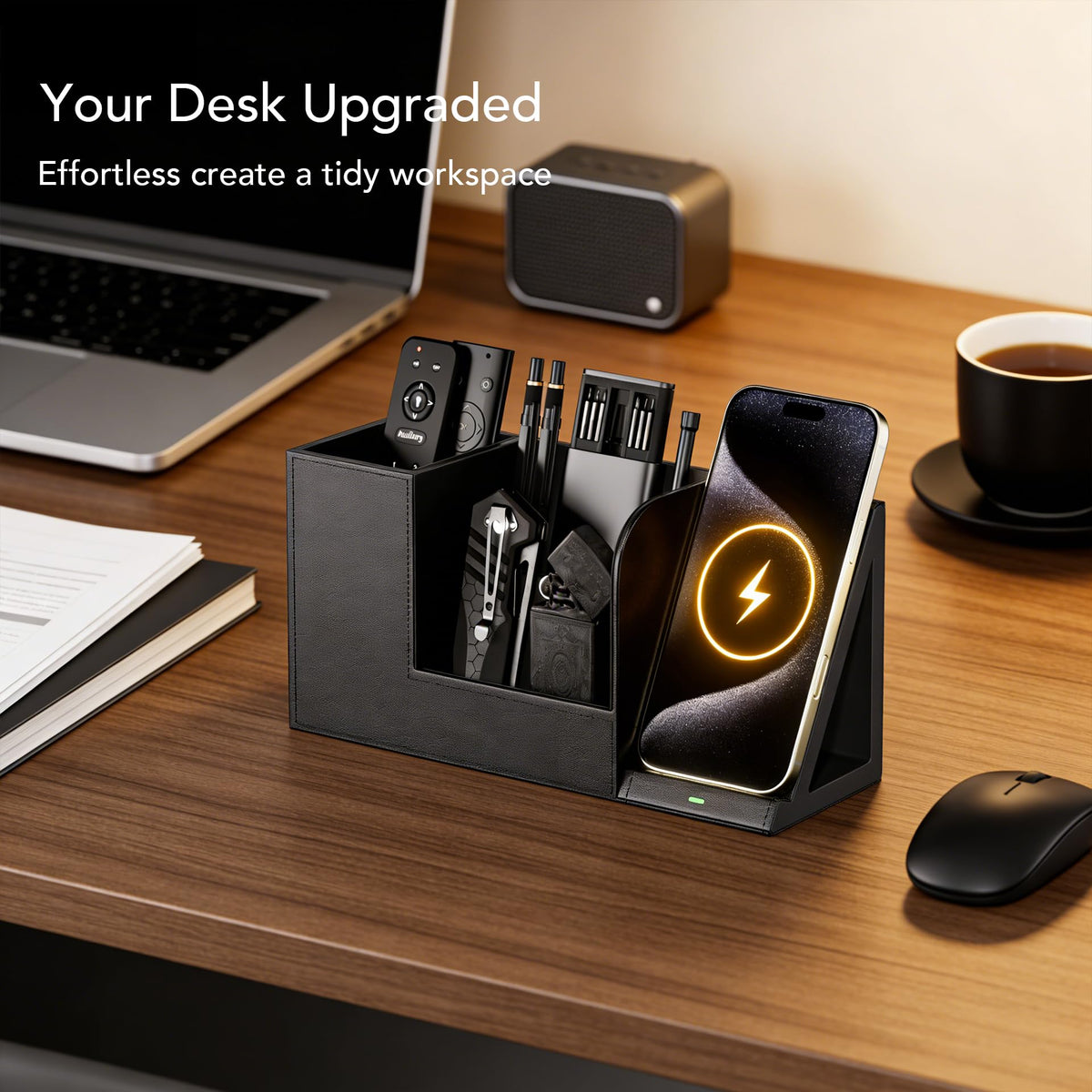 GORESE Desk Organizer with Charging Station, PU Leather Desktop Organizers with Phone Charging Stand for Office Home Nightstand, Practical Gifts for Men Who Want Nothing, Black