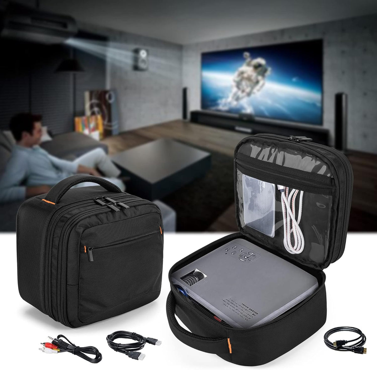 CURMIO Double Layers Projector Case, Mini Projector Carrying Bag Compatible for DR.J Professional and QKK Mini