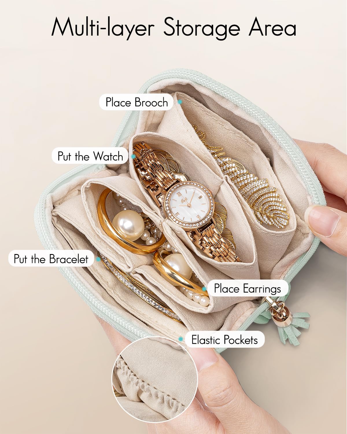 VLANDO Small Jewelry Travel Case,Jewelry Pouch Bags with Zipper,Velvet Jewelry Organizer Storage Bag for Bracelet Rings Earring Travel Essentials Gifts for Women Girl-Mint Green