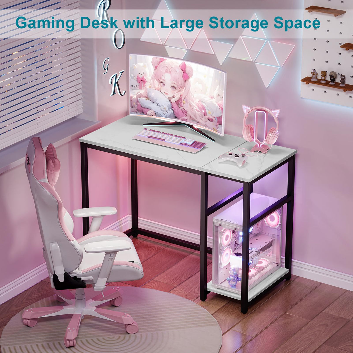 SINPAID Computer Desk 40 inches with 2-Tier Shelves Sturdy Home Office Desks with Large Storage Space Modern Gaming Desk Study Writing Laptop Table, Black Marbling (White Marble, 40 inch)