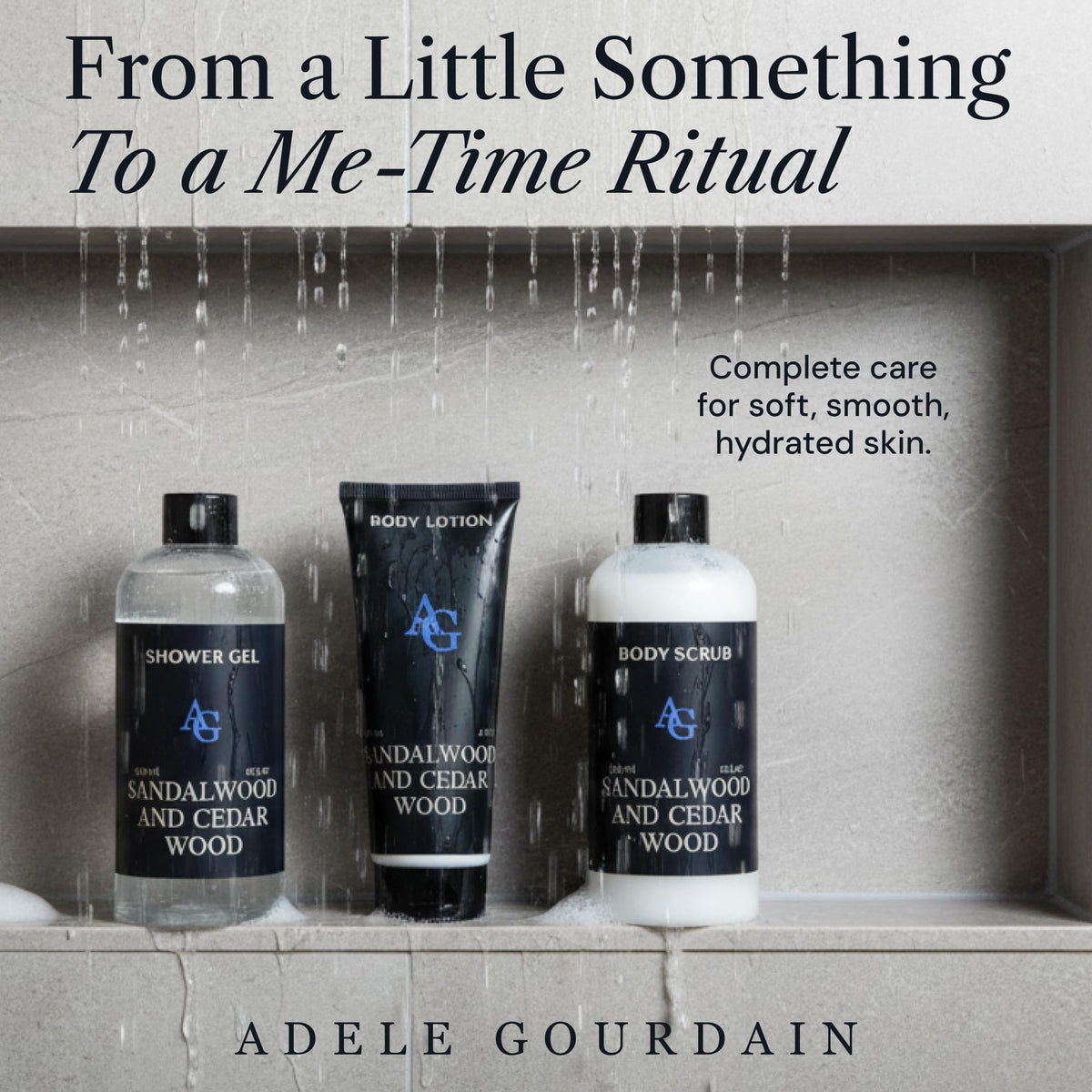 Adelegourdain Shower Kit Men, Bath and Body Gift Set For Him - Shower Gel, Body Scrub & Body Cream, Sandalwood & Cedar Scent, 3 pcs 720ml - Skin Care Kit Fathers Day Birthday Idea for Him