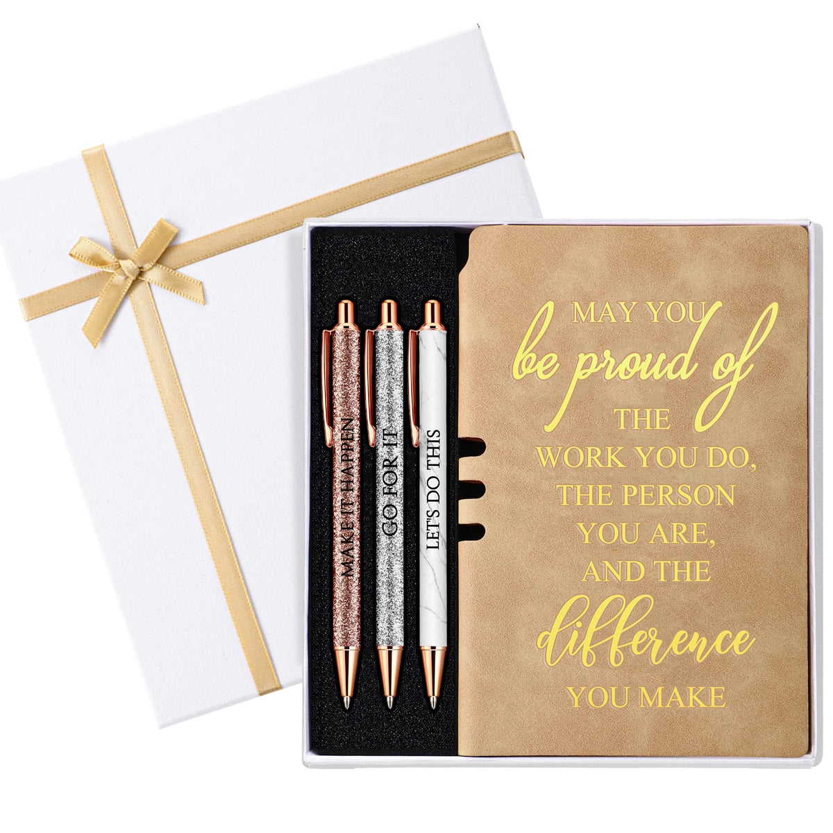 Resurhang 5 Pcs Employee Appreciation Gift Leather Journal Notebook 3 Ballpoint Pens with Box Graduation Thank You Gift for Nurse Volunteer Teacher Secretary Assistant Coworker Women(Khaki)