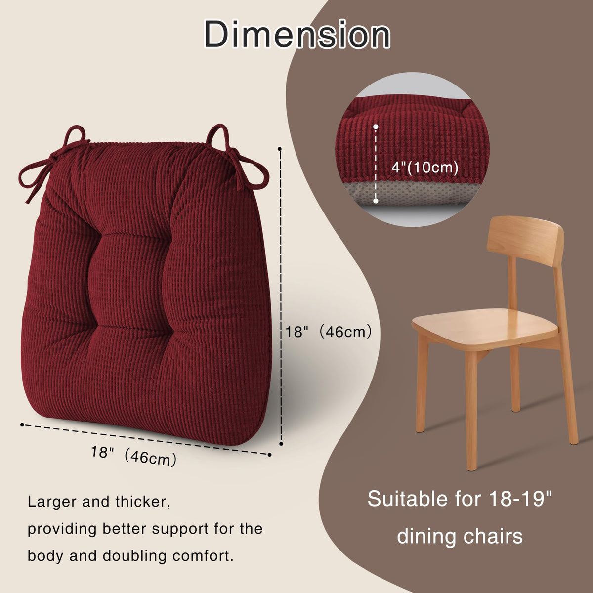 OVOV Chair Cushions for Dining Chairs Set of 4 Non-Slip Kitchen Seat Cushions 18" x 18" x 4" Indoor Seat Pads with Ties Red