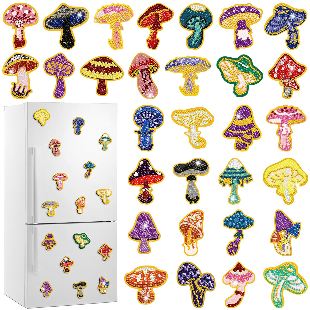 Xuhal 30 Pcs Mushroom Diamond Painting Magnets Mushroom Diamond Art Magnet Kits for Adults Cute Plant Refrigerator Magnetic Sticker 5D Rhinestone Fridge Stickers for Beginner DIY Crafts Xmas Gifts