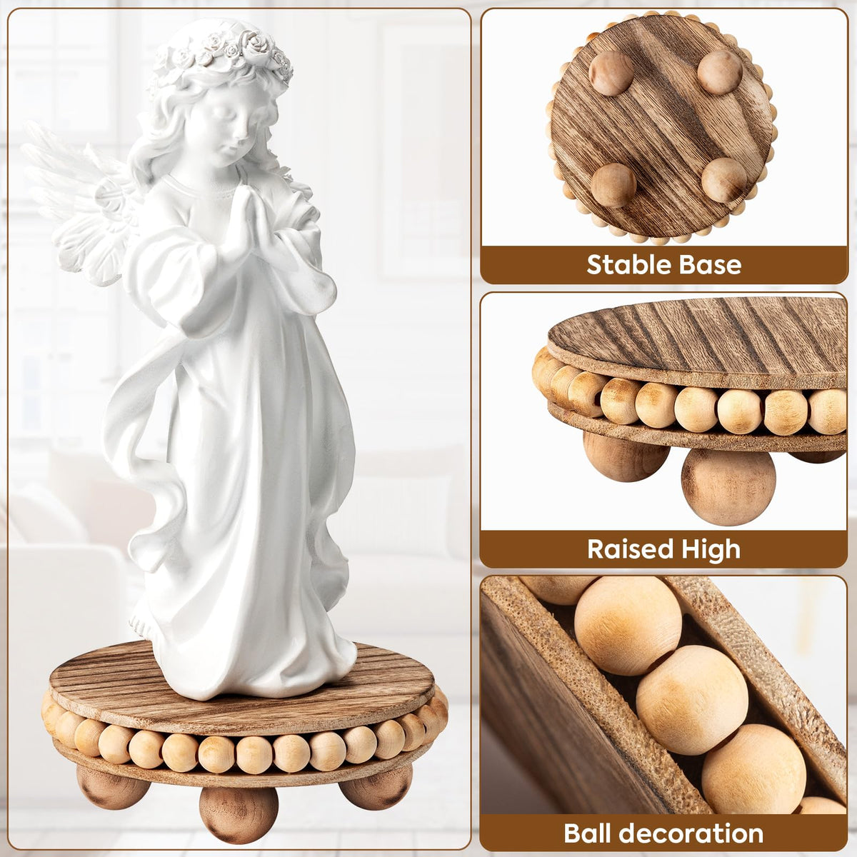HouseJoy 2Pcs Wood Risers for Display Decorative,Round Beaded Riser Distressed for Decor ,Wooden Farmhouse Coasters Mini Cake Stand Plant Stand,Rustic Pedestal Stand Decor Display Risers for Tiered