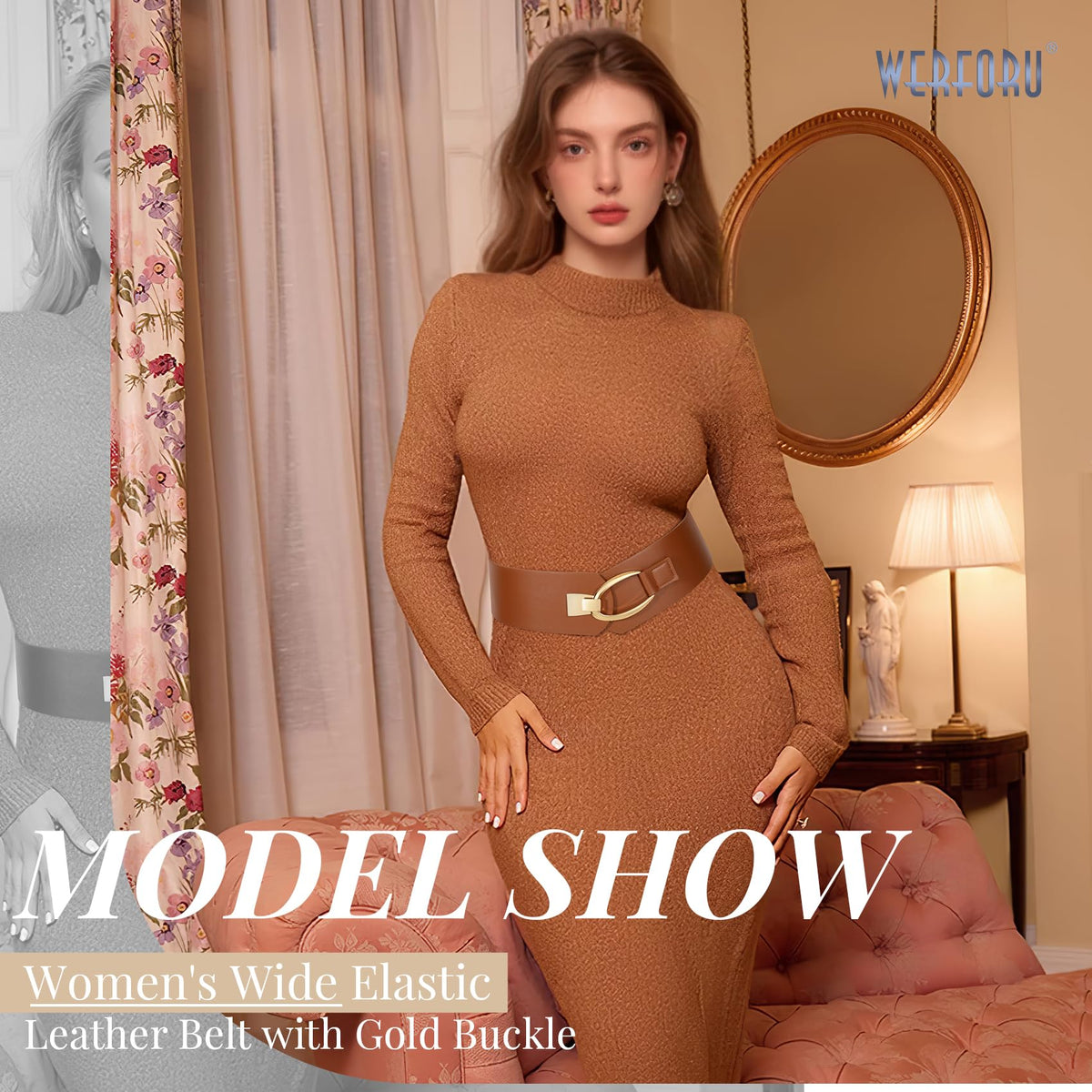 WERFORU Women Wide Elastic Belt Women Fashion Wide Belt with Gold Buckle Ladie Thick Waistbelt for Dresses