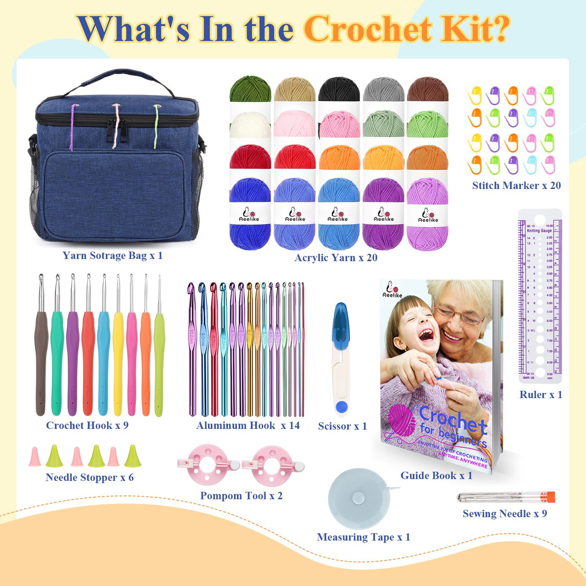Aeelike Complete Beginner Kit 87PCS, Crochet Kit for Beginners Adults, Navy Portable Yarn Bag, 23 Crochet Hooks,Yarn 20 Colors Skeins, Instruction & Crocheting Accessories