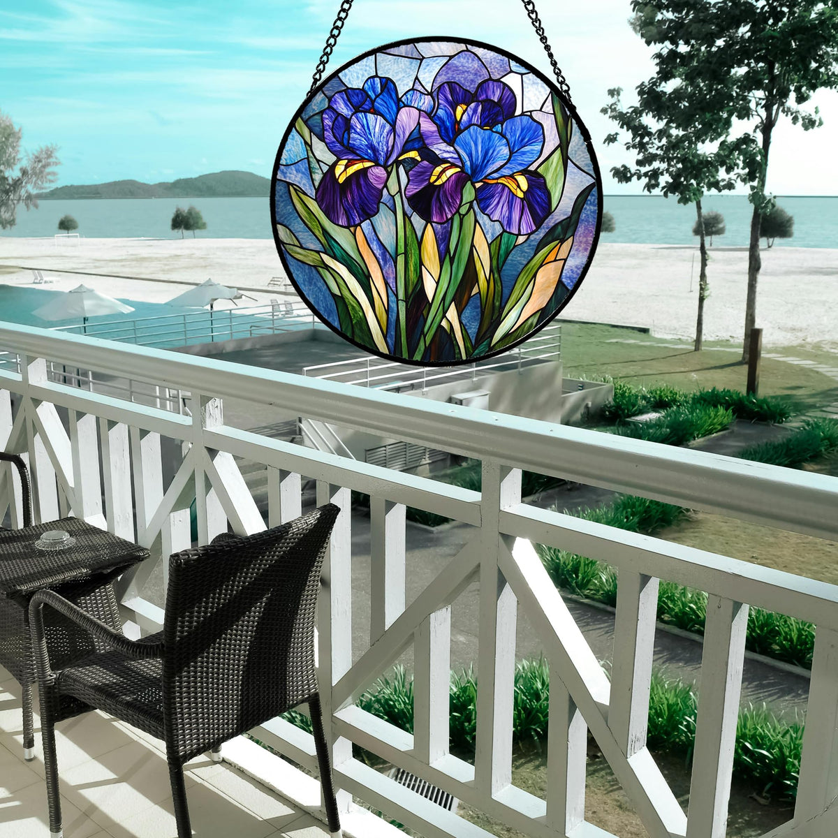 CRISGIF Stained Glass Window Hanging - Blue Purple Iris Flower Suncatcher for Door Garden Patio Sun Catchers Decor Christmas Mother's Day Birthday Gifts for Women Men Mom Nana Aunt Friend 6.3 in
