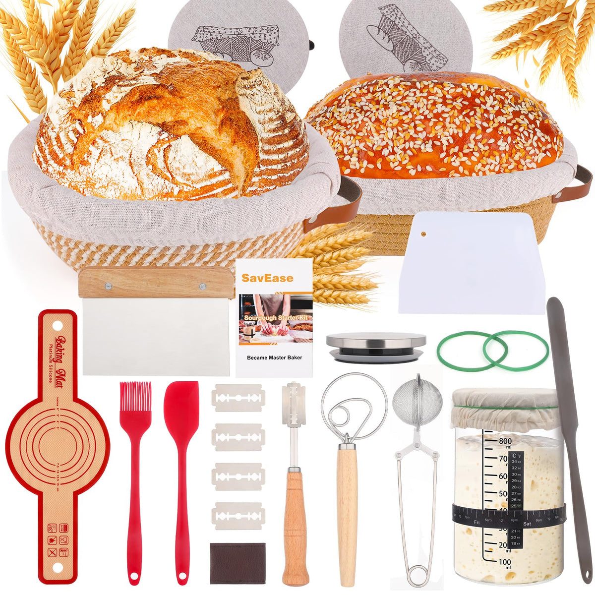 Sourdough Bread Baking Supplies, Complete Sourdough Starter Kit, 9" Round & 10" Oval Bread Proofing Basket with Sour dough Starter Jar, Bread Making Tools Gifts for Bakers Women Wife Mom