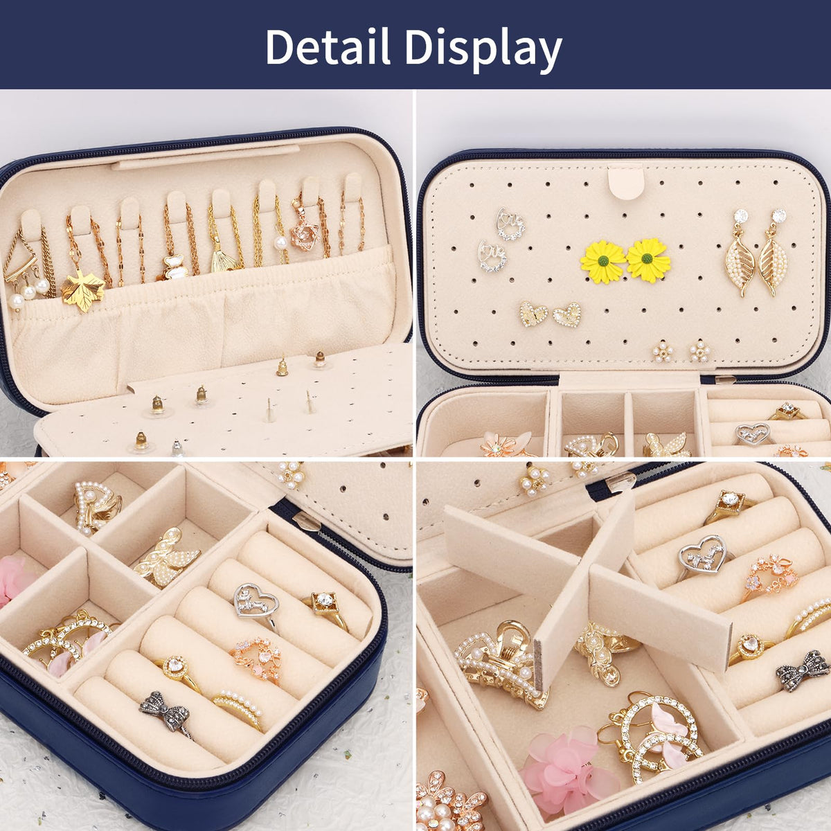 DesignSter Travel Jewelry Box, PU Leather Portable Jewelry Case, Small Jewelry Boxes for Gifts, Travel Jewelry Organizer for Women Rings Earrings Necklaces Bracelets (Dark Blue)