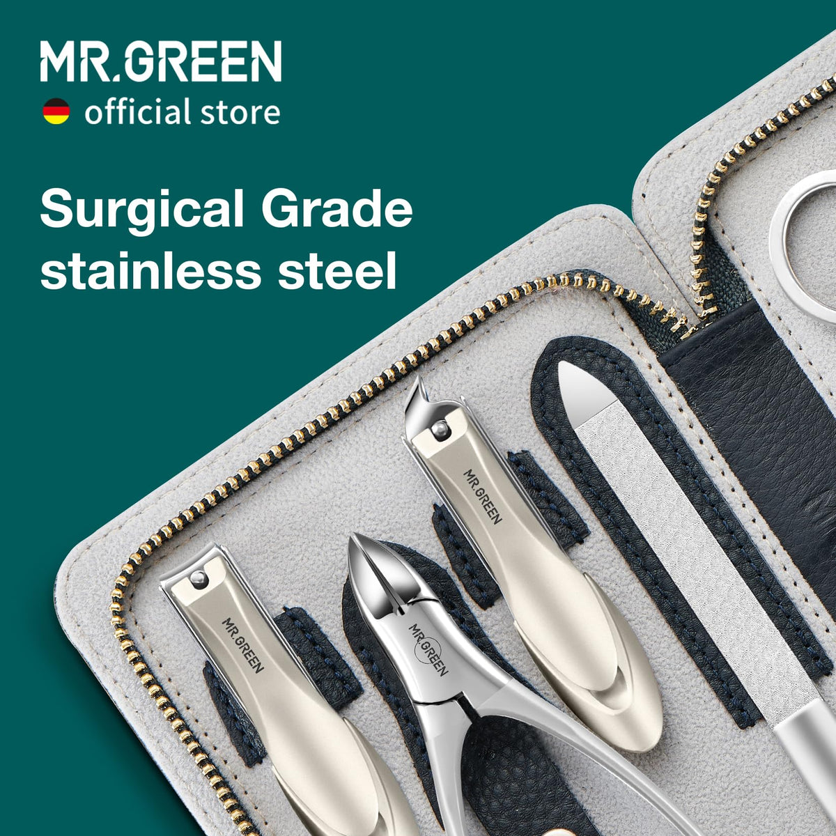 MR.GREEN Innate Luxury Manicure Set Surgical Grade Scissors Stainless nail clipper Kit full grain cow leather package Pedicure (9 in 1 Manicure Set)