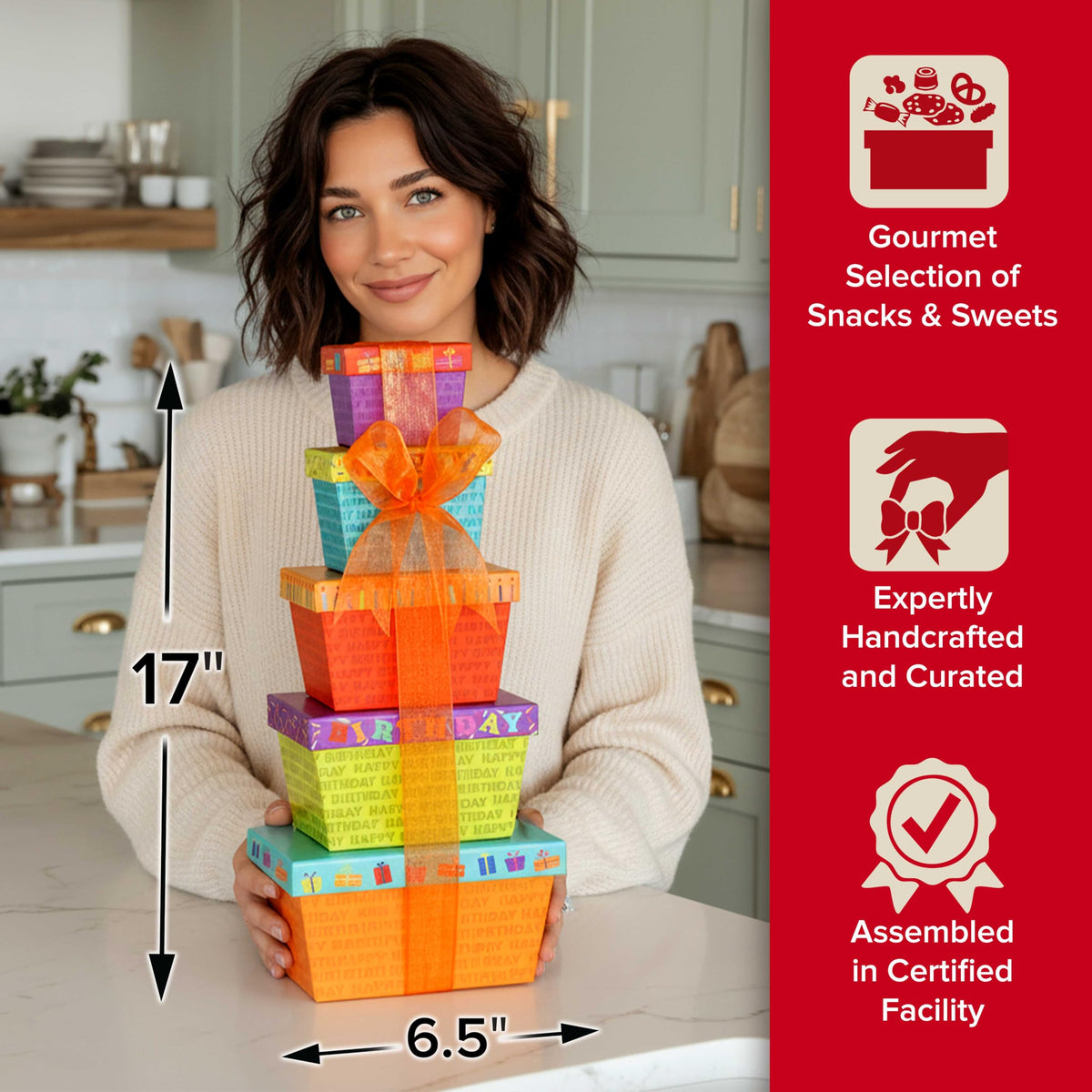 Broadway Basketeers Birthday Gift Basket Tower – Snack Boxes with Gourmet Cookies & Popcorn – Happy Birthday Gifts for Women, Mom, Sister, Friends & Coworkers