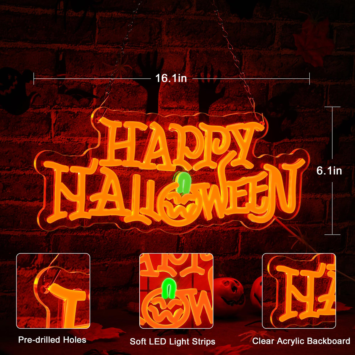 Happy Halloween Pumpkin LED Neon Lights for Wall Decor 16.1x6.1in USB Powered Halloween Neon Light Sign for Halloween Costume Party,Trick or Treat,Bar,Living Room Decoration Gifts