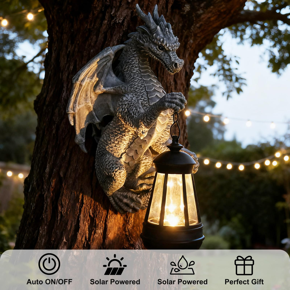 Garden Statues Tree Hugger Dragon - Halloween Dragon Statue Solar Lights Outdoor Patio Wall Decor,Christmas& Mothers Day&Birthday Gifts for Grandma Mom Women,Ideas Arts Crafts Waterproof Resin Lantern