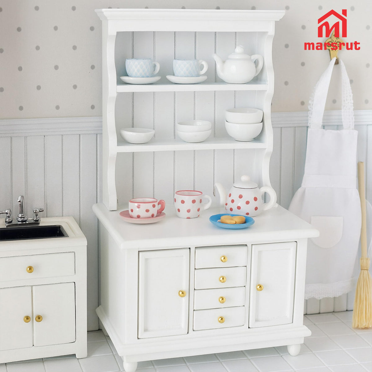 Dollhouse Miniature Cabinet 1/12 Scale Bookshelf Bookcase Cupboard Hutch, Mini Furniture Kitchen Accessories, European Items Living Room Wooden Storage Sideboard Display Showcase Shelves, White