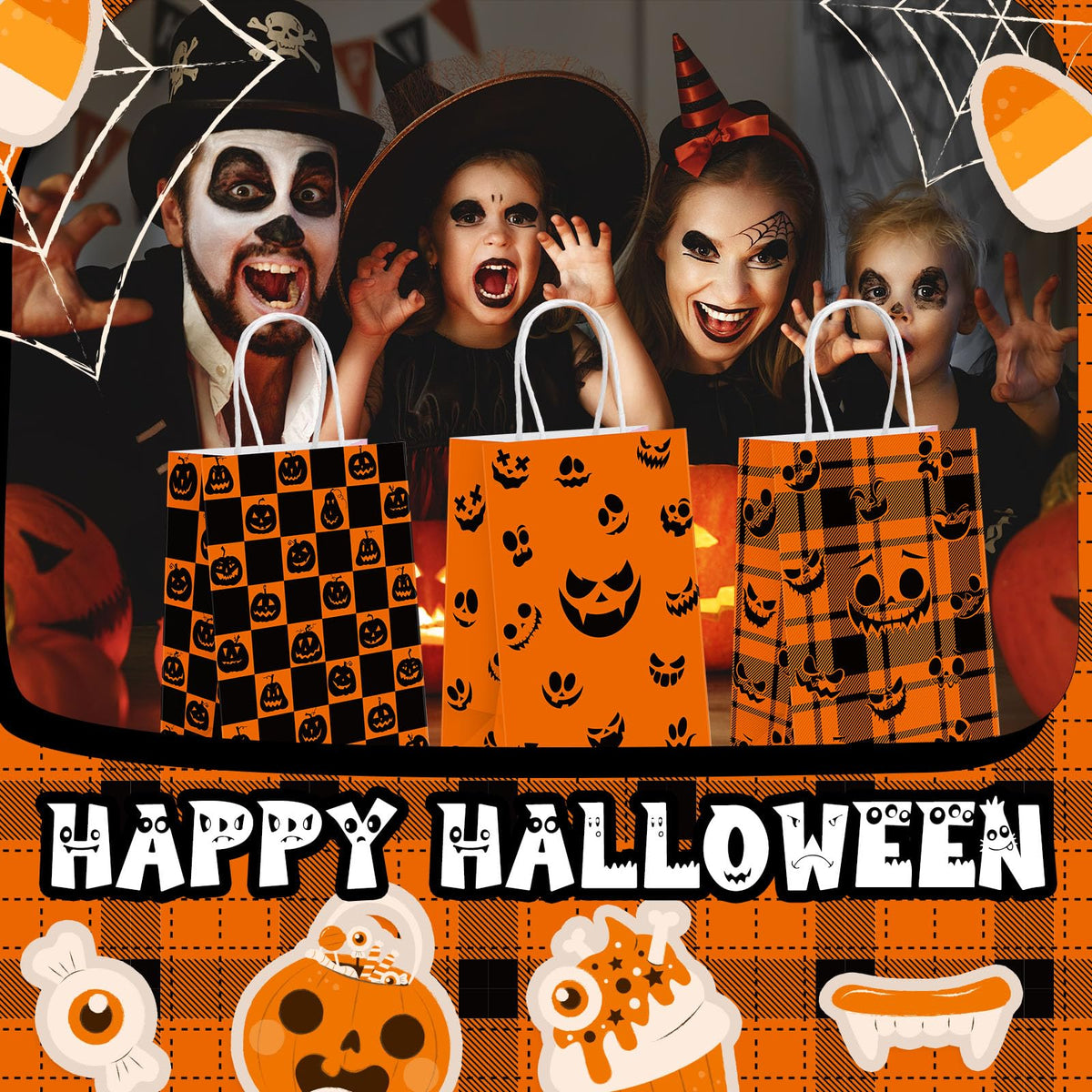 Kolldenn 24 Pcs Halloween Paper Gift Bags with Tissue Paper Pumpkin Goodie Treat Bags with Handles Wrapping Candy Party Favors Bag for Celebration Supplies Decorations