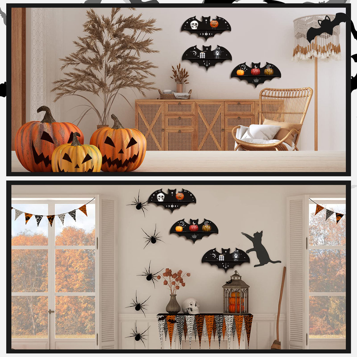 Geetery 3 Pcs Bat Shelf Gothic Decor Witchy Crystal Shelf Spooky Coffin Wall Hanging with Hooks Floating Black Wooden Room Decor for Crystal Keys