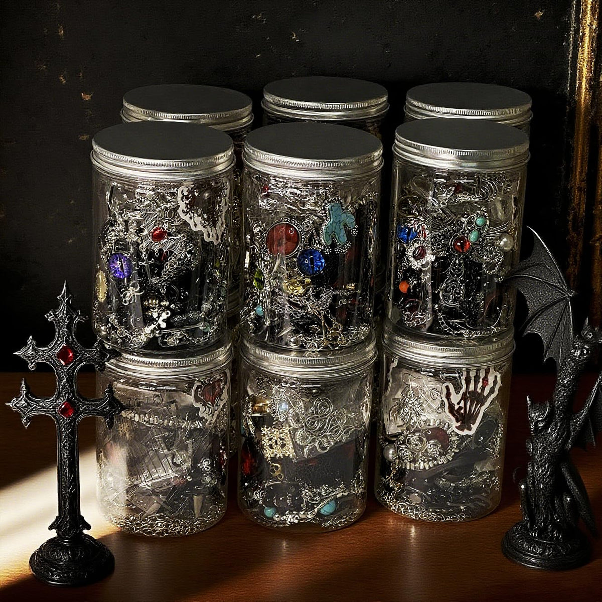 MINGRI Mystery Jewelry Jar,Gothic Jewelry Box for Women, Spooky Season Accessories Gift Set(30PCS Gothic Witch Punk Necklace,Earrings, Rings,Bracelets/Bangles),Unique Birthday & Party Favor for Her