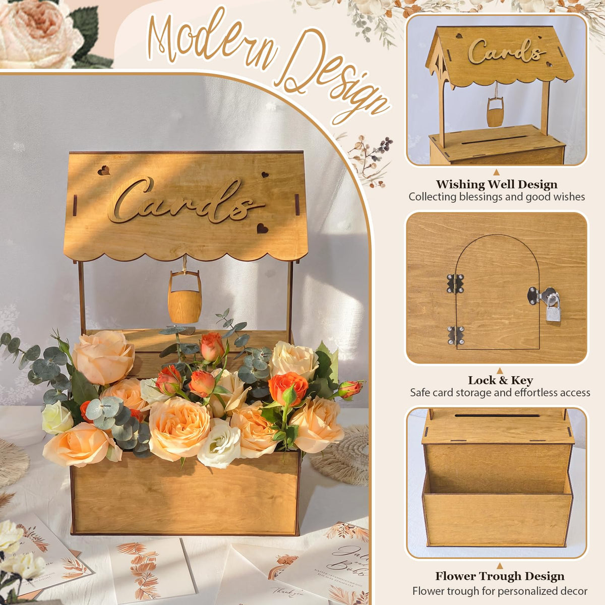 OurWarm Wooden Wishing Well Wedding Card Box with Lock & Flower Trough, Brown Wedding Card Boxes for Reception, Rustic Box for Cards at a Party for Birthday Graduation Baby Shower Reception Decor