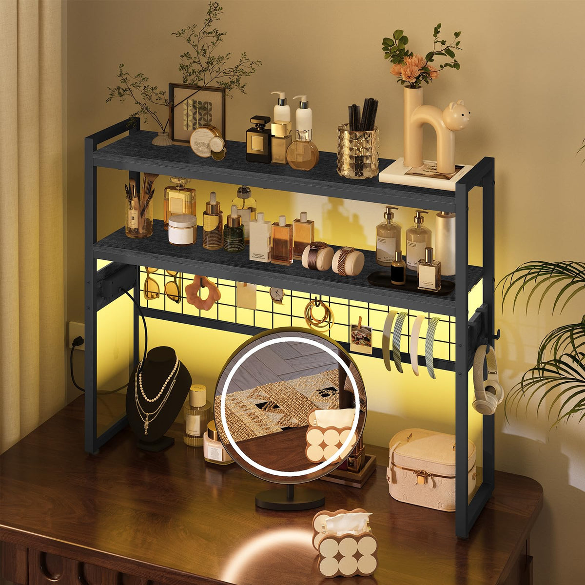 HOOBRO Desktop Bookcase, 37.4" Large Desk Shelf, 2-Tier Desktop Organizer, Wooden Office Storage Rack with Outlets, Display Shelf Rack with Light Strip, Desk Hutch for Office, Black BB13UDSJ01