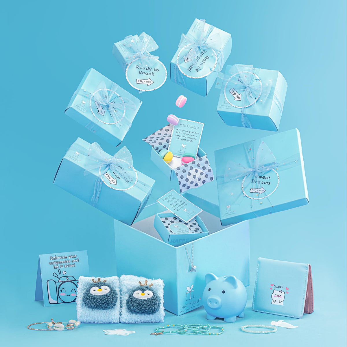 HAPPY LOLLI Blue LolliBox Gift Set for Tween & Teen Girls Ages 8–15, Birthday Gift Box, Ready-to-Gift Surprise Box with 8 Individually Wrapped Gifts & Empowering Challenges