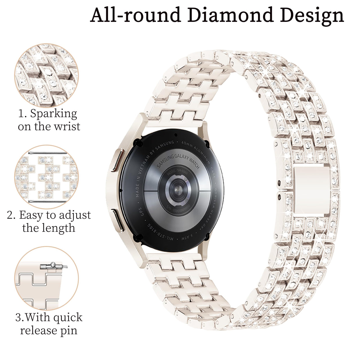 G-ficu Galaxy Watch 7 6 5 4 FE Band 20mm Diamond Bands for Samsung Galaxy Watch 7 6 5 4 FE Band 40mm 44mm, Women Bling Metal Strap for Samsung Watch Bands/4 6 Classic/3 41mm/Active 2-Cream