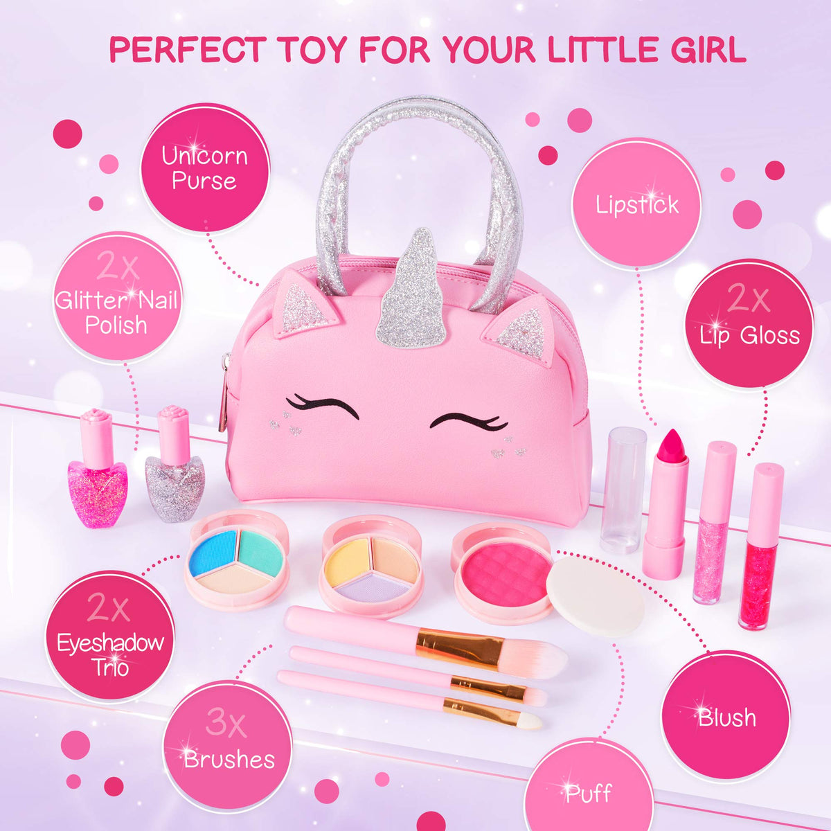 Kids Real Makeup Kit with Pink Unicorn Purse, Non Toxic Washable Make Up Set - Unicorn Toys for Girls Age 4-6, 5 Year Old Girl Birthday Gift Ideas, Toddler Little Girl Gifts 3 4 5 6 7 8 9 10 Years Old